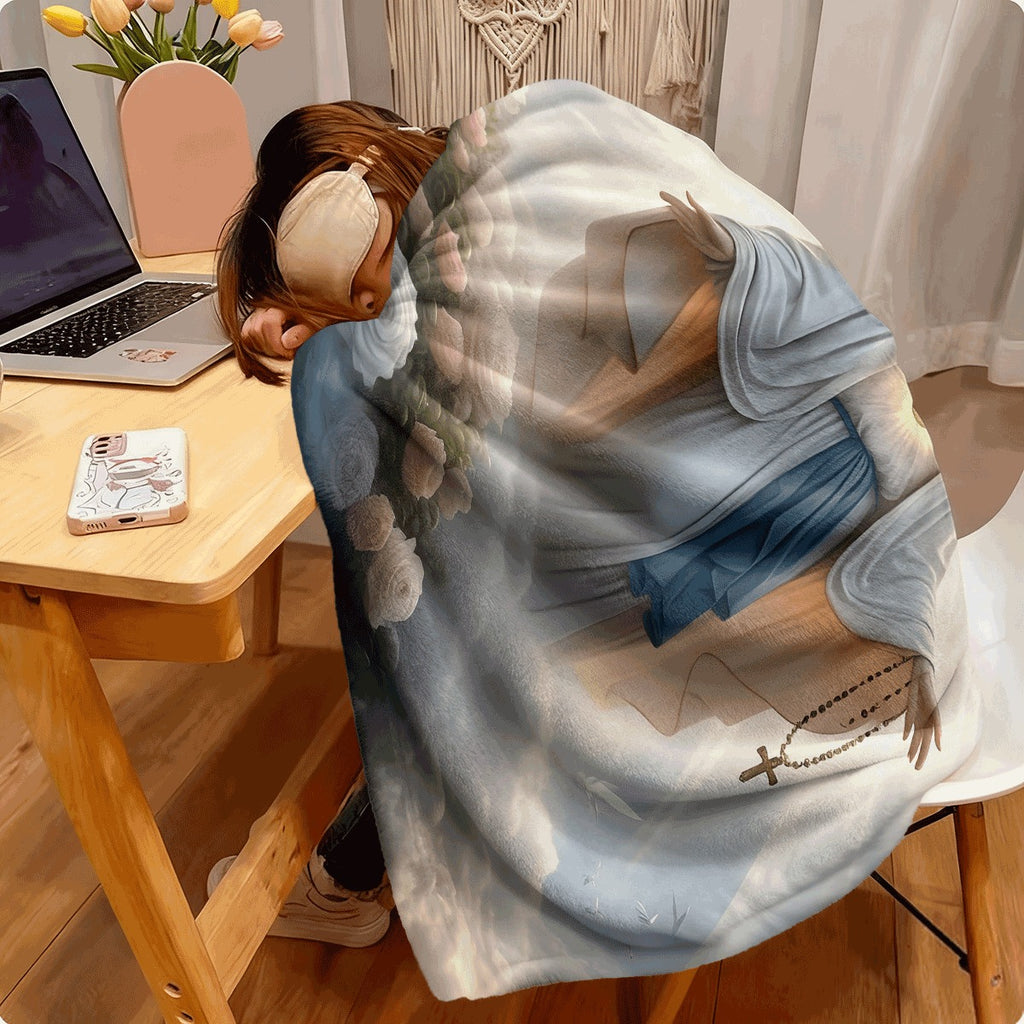 1pc Virgin Mary & -like Religious Flannel Blanket Bohemian Style Soft Quilted All-Season Spread HD Print Catholic Icon Design for Prayer Sofa Hand Wash Only (White Blue Golden) Sp