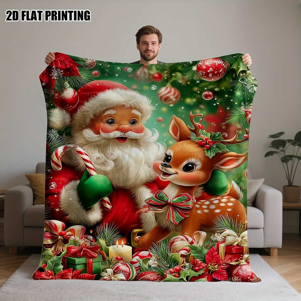 2D Flat Printing Christmas Multi-Functional Blanket with Cute Santa, Reindeer, And Candy Bar Design. Made of 100% Polyester Fiber, Perfect for Thanksgiving Gifts. Ideal for Parties, Karaoke, Sofas, And Pets