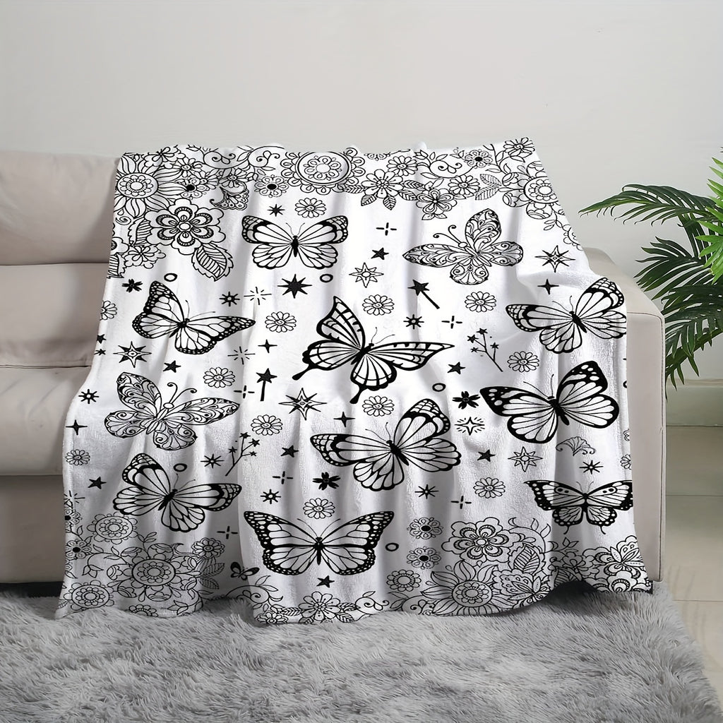 1pc Black and White Butterfly Floral Pattern Blanket, Butterfly Print Design, Throw Blanket, Soft Flannel Plush Surface, Lightweight and Durable, Multiple Sizes Available, Suitable for Holiday Decoration, Living Room Leisure, Bedroom Sleep