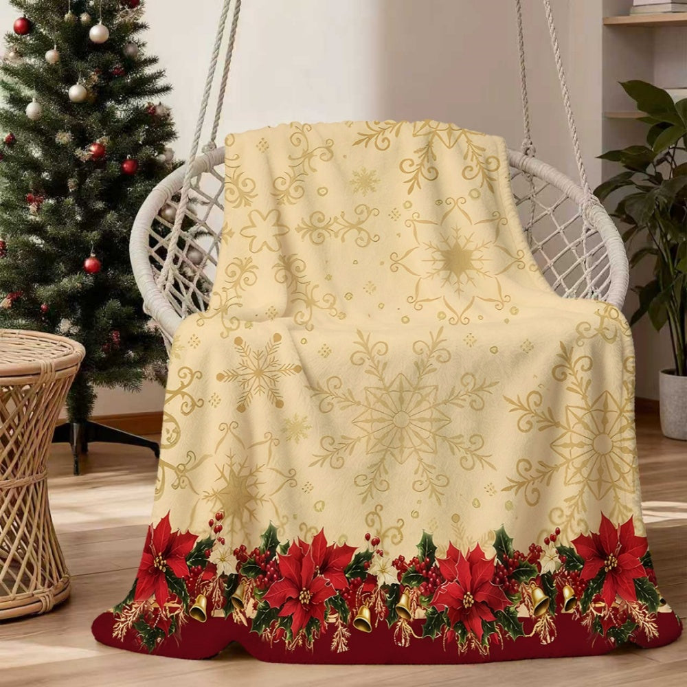 Christmas Red Floral and Golden Snowflake Pattern, Soft, Comfortable, and Warm Beige Flannel Blanket, All-season Universal Sofa Throw, Warm Cover Blanket, Suitable for Living Room Sofas, Bedroom, Leisure Reading, Holiday Decoration, and Home