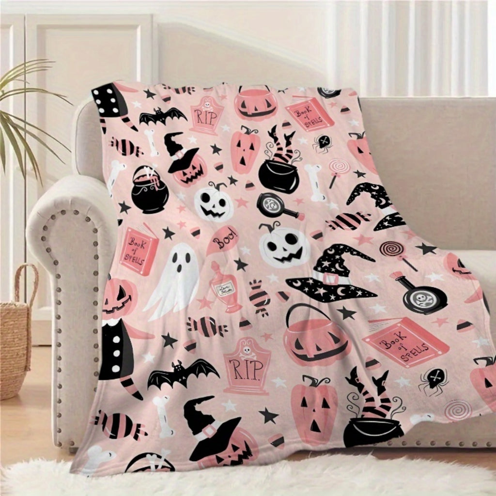 1pc 2D Flat Printing, Halloween Pumpkin And Witch Hat Pattern Blanket, Soft Fleece Throw, Pink And Black Design, All-Season Warm Cover, Multi-Size Available, Suitable for Living Room Sofa, Bedroom Bedside, Reading Nook