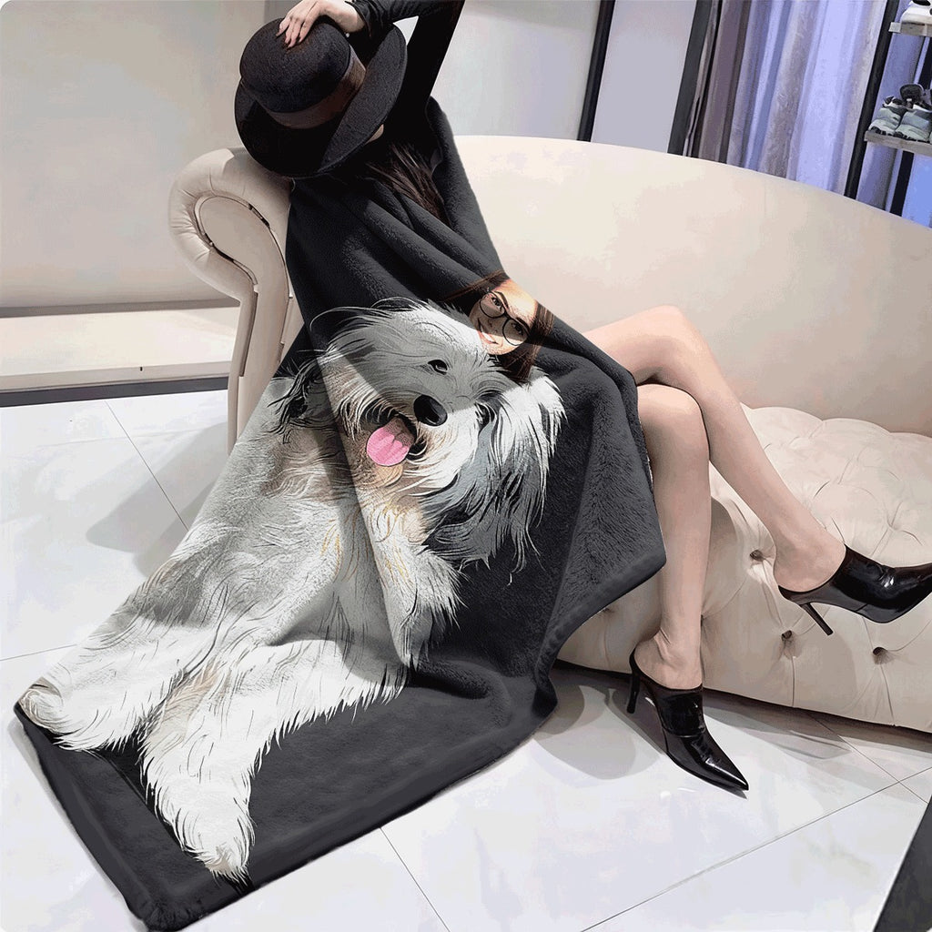 1pc 1pc a Soft Single-Sided Printed Blanket Featuring Bearded Collie Dog Clipart Designed with Detailed Stylized Vectors Ideal for Use in Offices Rooms And Living Rooms Model AH817B