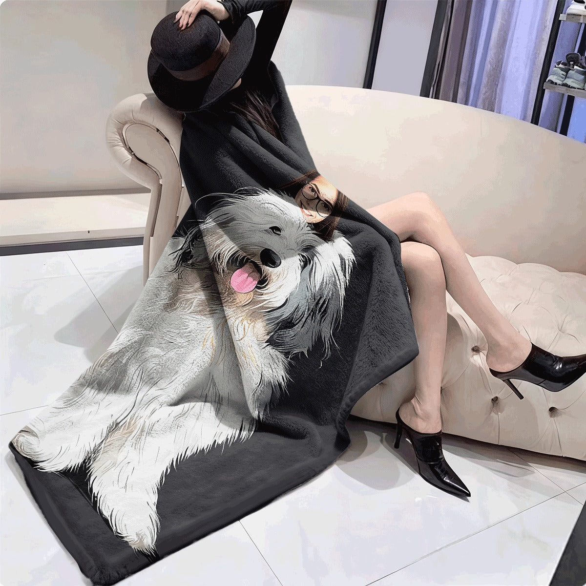 1pc 1pc a Soft Single-Sided Printed Blanket Featuring Bearded Collie Dog Clipart Designed with Detailed Stylized Vectors Ideal for Use in Offices Rooms And Living Rooms Model AH817B