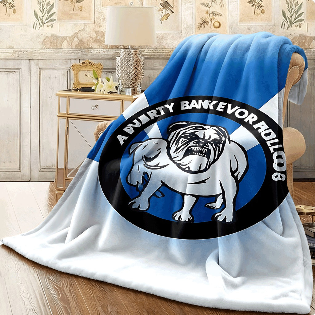 1pc A Purity Bakevor Bulldog Soft Flannel Throw Blanket Blue and White Logo Design All Season for Couch Sofa Comfortable Warm Plush Fleece Fabric Machine Washable