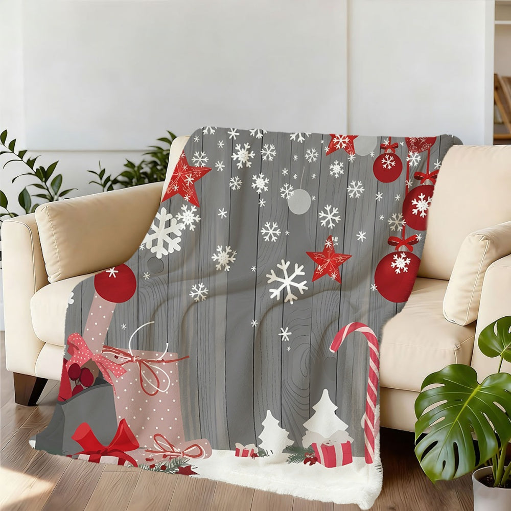 1pc Christmas Red And White Snowflake Pattern Flannel Blanket, Soft Comfortable Warm, Gray Wood Grain Design, All-Season Sofa Blanket, Warm Throw Blanket, Multiple Sizes Available, Suitable for Living Room Sofa, Bedroom, Reading Corner