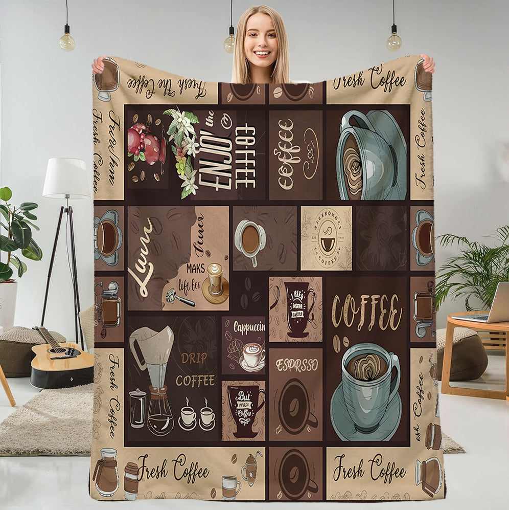 1pc Coffee Cup Patterned Blanket, Retro Style Design, Soft Plush Surface, Flannel Material Lightweight And Durable, Multiple Sizes Available, Ideal for Holiday Gatherings, Living Room Leisure, Bedroom Sleep, Study Reading, Seasonal Home Decor