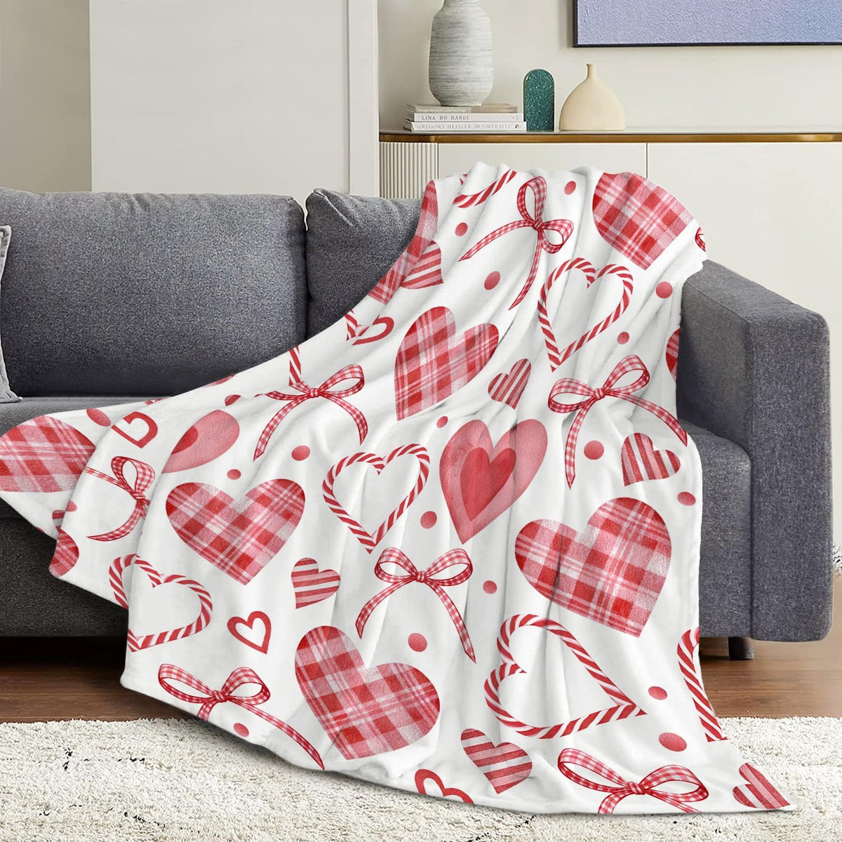 Valentines Day Throw Blanket Pink White Plaid Heart Bow Soft Cozy Flannel Blanket Romantic Valentine's Gift for Her Wife Mom Women Valentine Blankets for Couch Bed Sofa Decor, 50W X 15.85gal