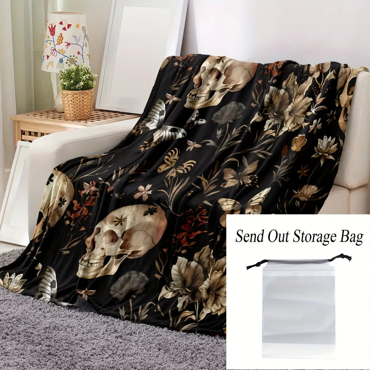Skull& Floral Flannel Throw Blanket- Soft, Warm, and Cozy for Couch,, Travel, and Office- Versatile All-Season Gift