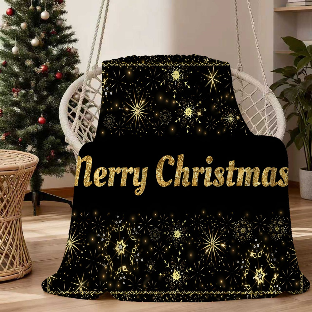 1pc Christmas Golden Fireworks And Snowflakes Pattern Merry Christmas Design Black Flannel Blanket, Soft Comfortable Warm, All-Season Blanket, Warm Cover, Suitable for Living Room Sofa, Bedroom, Casual Reading, Holiday Decor