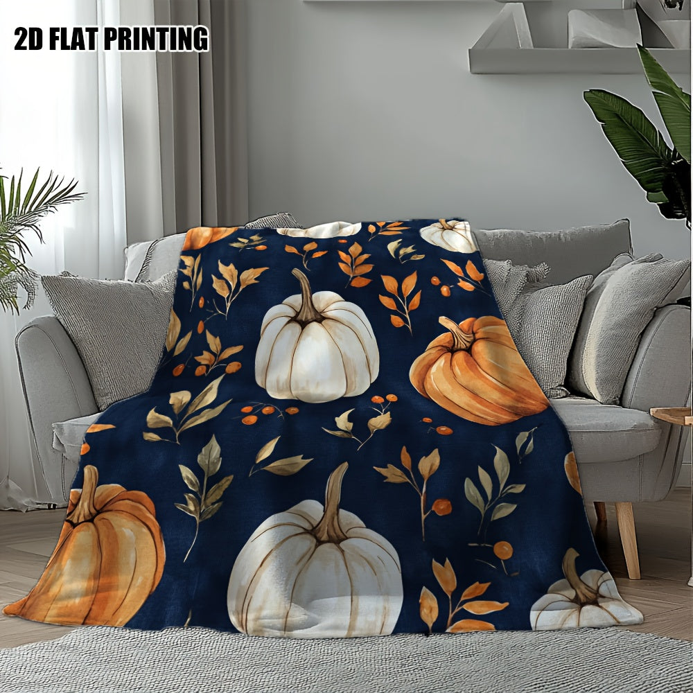 1pc Autumn Pumpkin And Fall Leaf Theme Flannel Blanket, Soft Comfortable Warm, Dark Blue Base Design, Durable Plush Surface, All-Season Bed Blanket, Warm Cover, Multiple Sizes Available, Suitable for Living Room Sofa, Bedroom Bedding