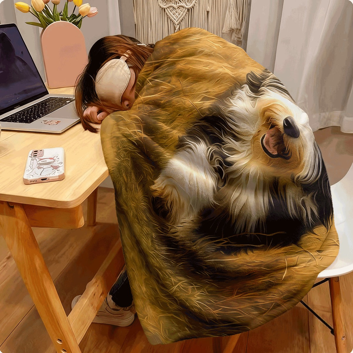1pc Blanket Soft Single Sided Printed Blanket, A Happy and Smiling Bearded Collie Dog, Suitable for Napping, Camping, and Traveling, AH812BYE1904