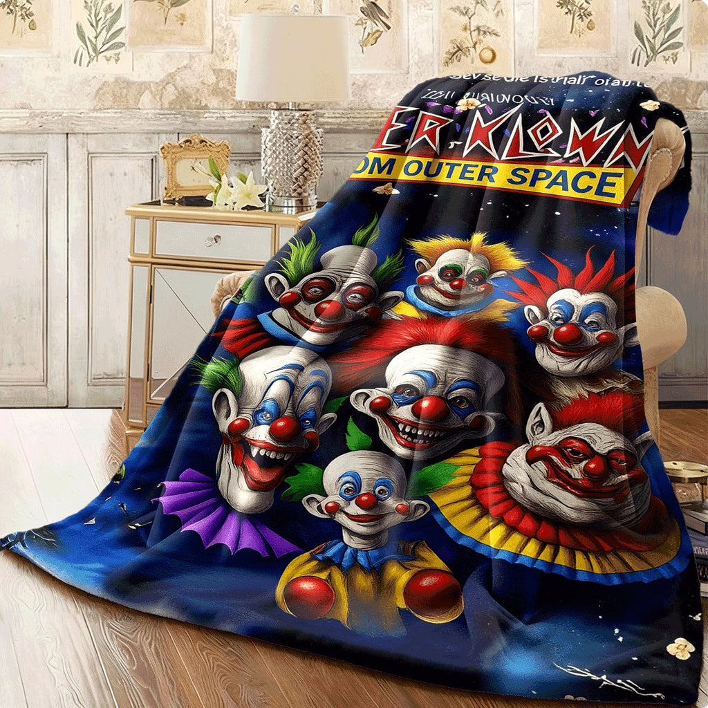 [Unique Gift for Halloween] 1pc Killer Clowns from Outer Space Flannel Blanket 230GSM Soft Warm All-Season Throw with Vibrant Cartoon Clown Design Perfect for Car Camping Dorm Sofa & Use Unique Gift for Hallowee