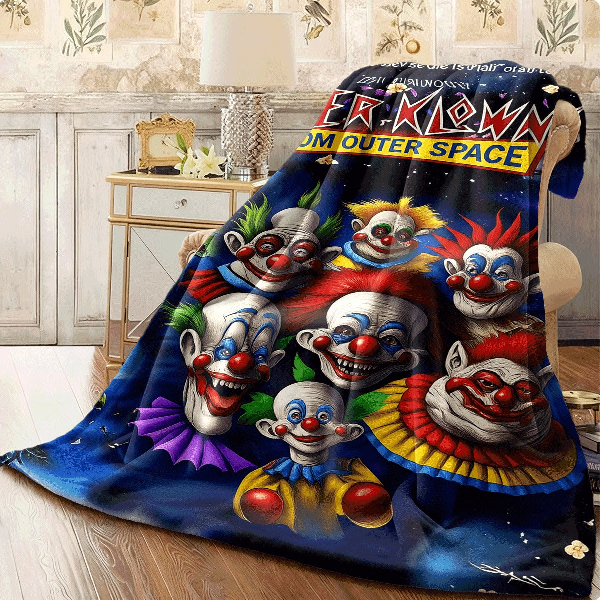 [Unique Gift for Halloween] 1pc Killer Clowns from Outer Space Flannel Blanket 230GSM Soft Warm All-Season Throw with Vibrant Cartoon Clown Design Perfect for Car Camping Dorm Sofa & Use Unique Gift for Hallowee