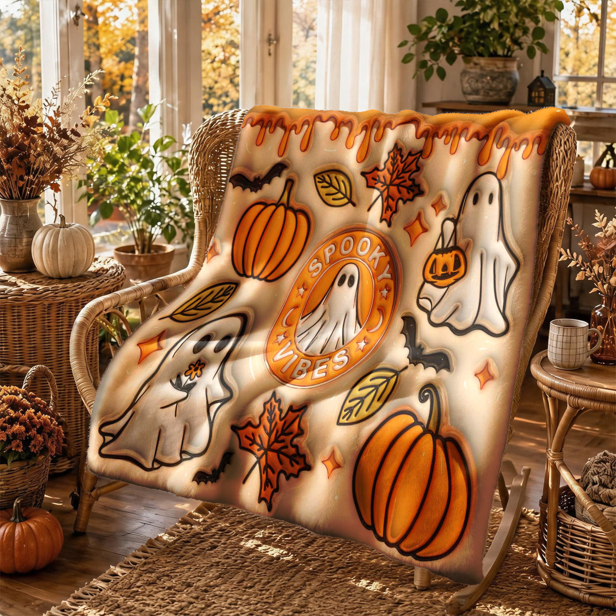 1pc 3D Embossed Ghost Pumpkin Maple Leaf Halloween Theme Flannel Blanket - Large Size, Soft, Lightweight, And Warm, Suitable for All Seasons - Perfect for Bed, Sofa, Office, Camping, And Travel - Ideal Choice for Blankets, Perfect Gift for Family