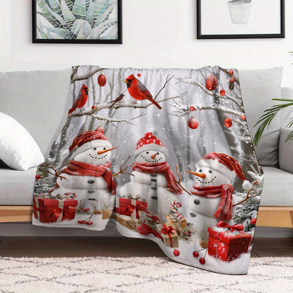 1pc Snowman And Gift Box Pattern Christmas Theme Beige Flannel Large Blanket, Winter Decor Design, Large Plush Throw Blanket, Suitable for Weekend Sofa Naps, Bedroom Bed Use, Living Room Sofa Blanket