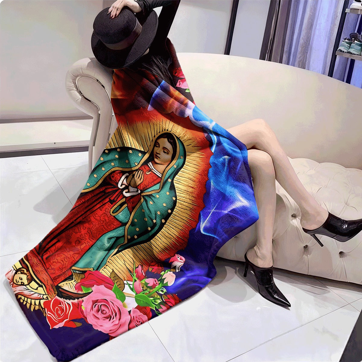 1pc Cozy Flannel Blanket with Our Lady of Guadalupe Print Surrounded by Roses, Vibrant Blue Orange Flame Background, Soft Warm Throw for Home Decoration