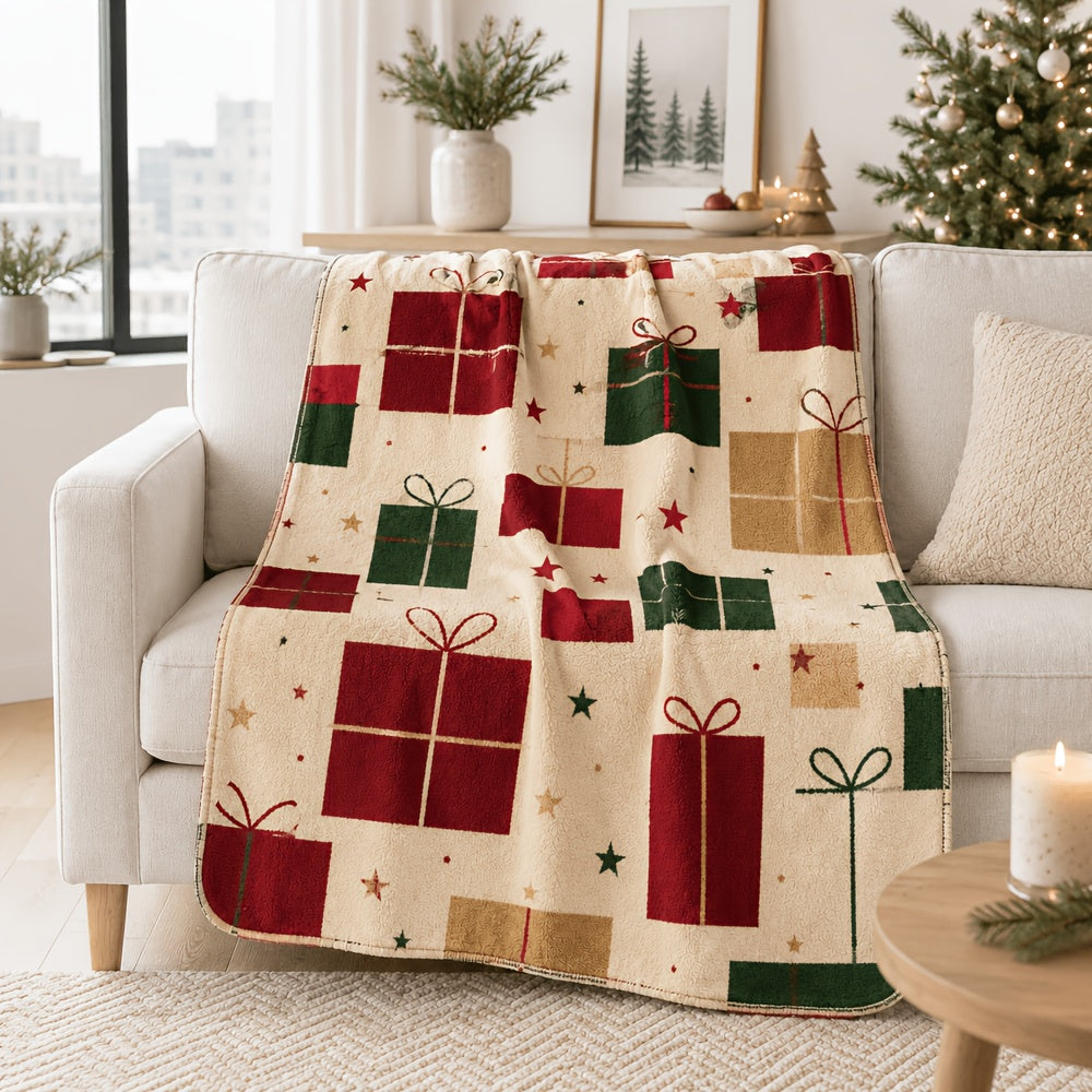 Blanket, Christmas Gift Geometric Block Blanket, Crimson Forest Green Gift Box Star Dot Pattern Soft Blanket, Living Room Sofa Bedroom Autumn And Winter Warm Holiday Home Decoration Blanket