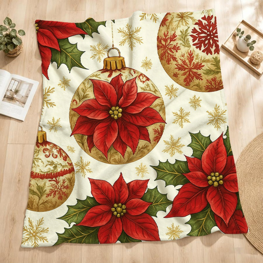 1pc of Cream Beige Flannel Blanket with Christmas Red and Green Floral and Golden Snowflake Patterns, a Christmas Winter Body Blanket, Soft Plush for All Seasons, Suitable for Home Naps, Weekend Sofa Snoozes, and Seasonal Home Use