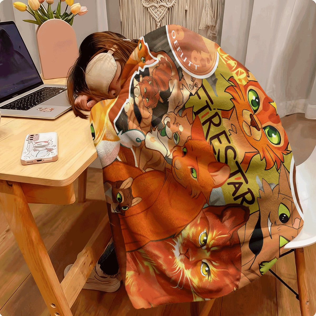 1pc Thunderclan Cats Fleece Blanket Featuring a Fantasy Collage Design of Warrior Cats Along with Inspiring Quotes, Made from 100% Lightweight Polyester, Suitable for All Seasons, Perfect for Dorms, Offices, Camping