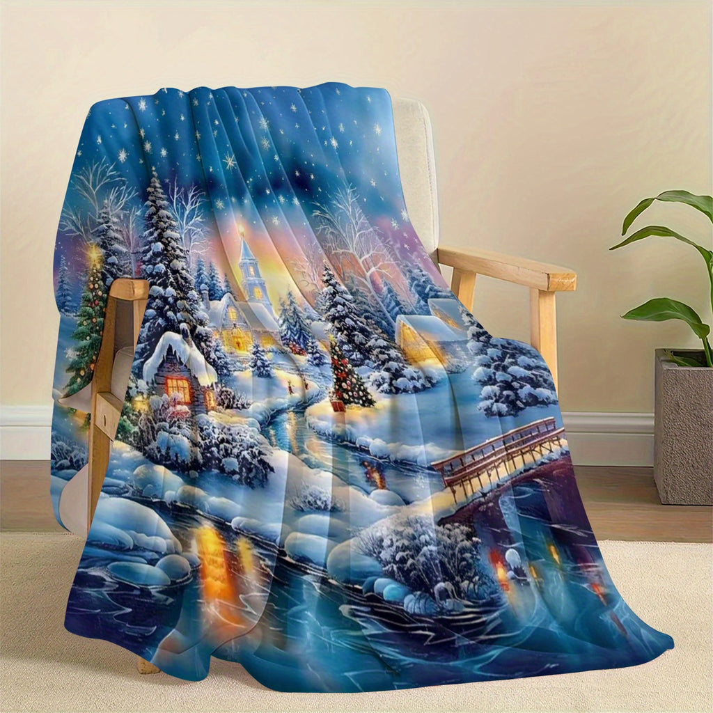 Christmas Village Pattern Flannel Blanket, Soft and Warm Lunch Break Blanket, Suitable for Sofa, Travel, Camping, Living Room, Office, Chairs, Available in Four Seasons, Hot Printed Flannel Blanket, Multipurpose Blanket