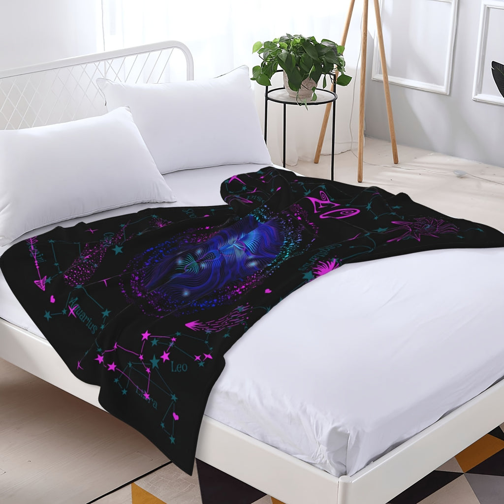 1pc a Leo-Themed Zodiac Constellation Blanket Featuring Stars And Astrological Symbols, Measuring 60 Inches by 80 Inches. This Soft Flannel Throw Is Suitable for All Seasons And Can Be Used for Camping Or As Home Decor. It Makes a Great Birthday Or