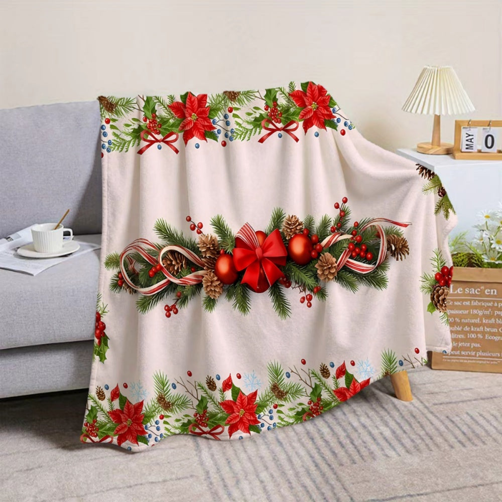 1pc, Christmas Floral And Pinecone Decor Flannel Blanket, Soft Comfortable Warm, White Holiday Design, Durable Plush, All-Season Sofa Blanket, Warm Throw Blanket, Multiple Sizes Available, Suitable for Living Room, Bedroom, Sofa