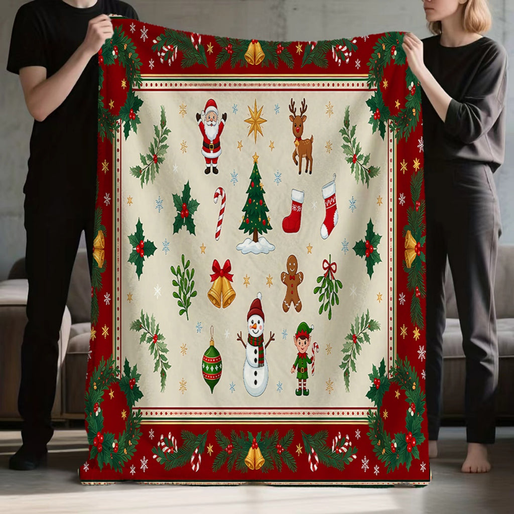 1pc, Santa Claus and Reindeer Pattern Red-Themed Flannel Blanket, Soft, Comfortable, and Warm, Beige Base with Red Border Design, Durable Plush Surface, All-Season Universal Sofa Blanket, Warm Cover Blanket, Multiple Sizes Available