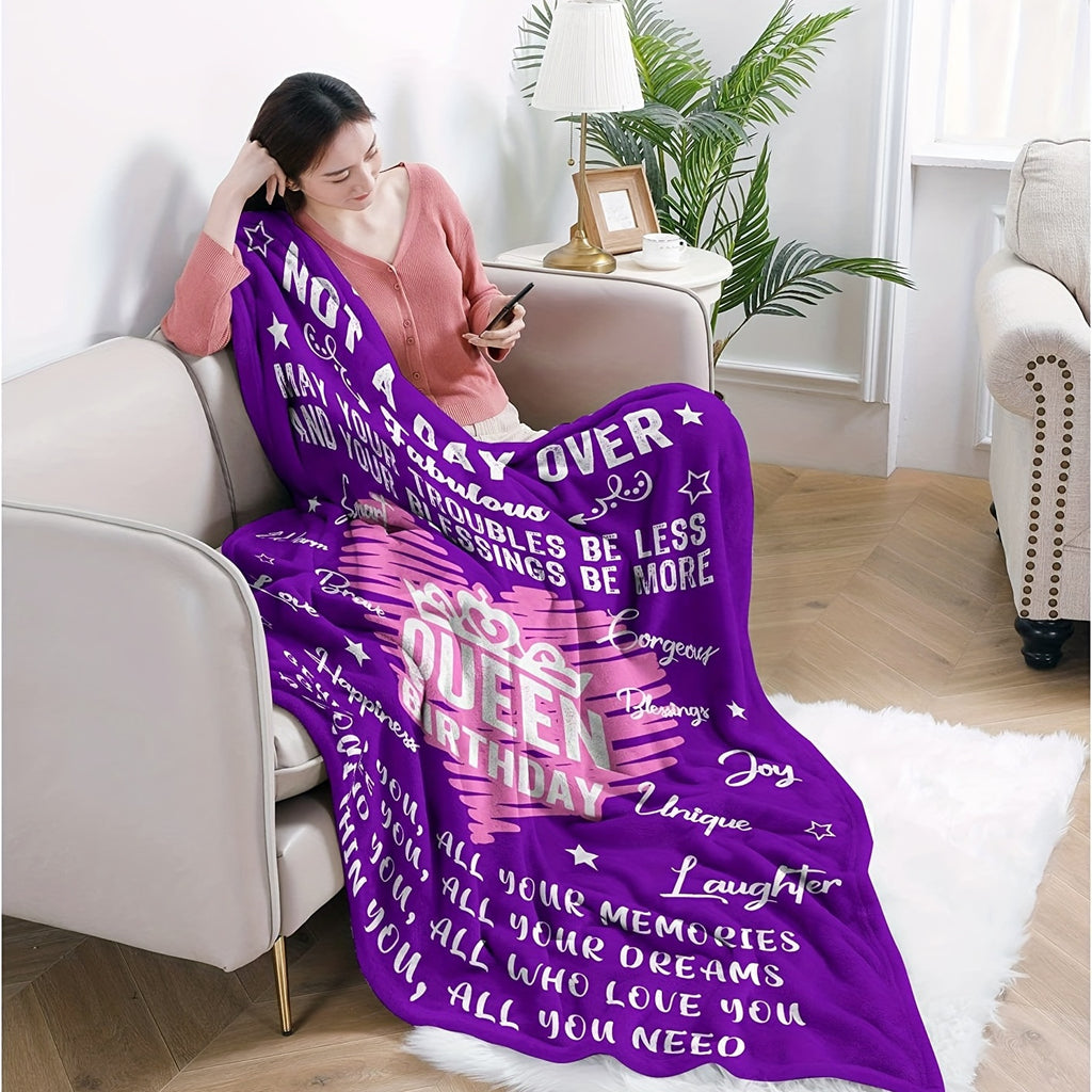 1pc Queen Birthday Flannel Blanket - Royal Purple with Pink & White Accents, Heartfelt Messages & Crown Design, All-Season Soft Throw Gift for Women, Mom, Daughter, Sister, Friends, Girlfriend, Sentimental Keepsake, Playful Design, Cozy Fabric, Keepsake I