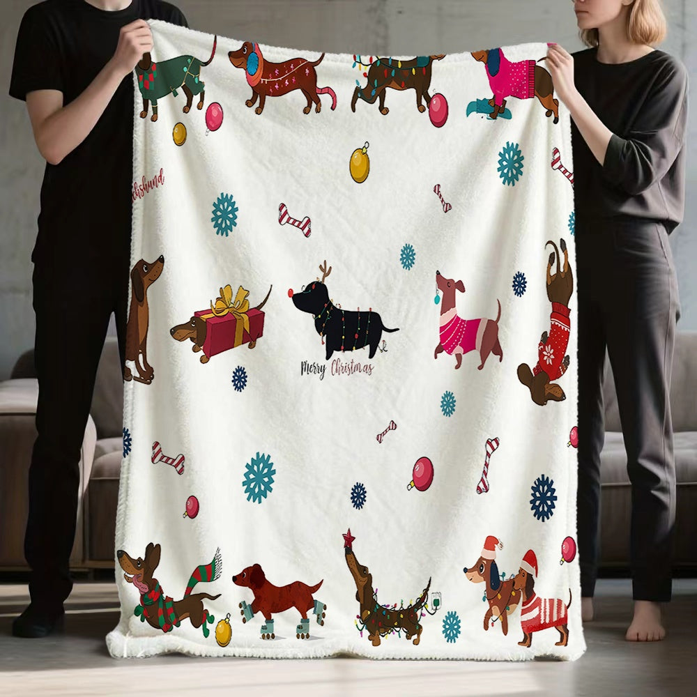 1pc Christmas Sausage Dog Pattern Flannel Blanket, Soft Comfortable Warm, White Festive Design, All-Season Sofa Blanket, Warm Throw Blanket, Multiple Sizes Available, Suitable for Living Room Sofa, Bedroom, Reading Corner, Leisure Time