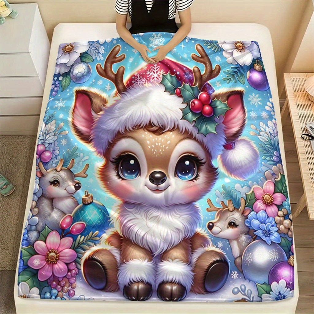 1pc of Large Flannel Blanket with a Blue Christmas Deer and Wreath Pattern, Christmas Winter Decoration, Suitable for Bedroom Bed Use, Weekend Sofa Naps, and Home Naps