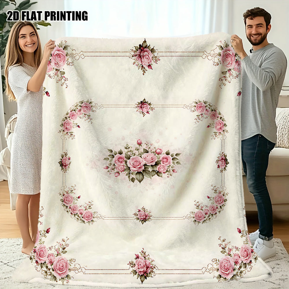 1pc Pink Rose Border Pattern Blanket, Vintage Style Design, Soft Plush Surface, Lightweight and Durable Flannel Material, Multiple Sizes Available, Perfect for Holiday Gatherings, Living Room Lounging, Bedroom Warmth, Study Reading, Seasonal Home