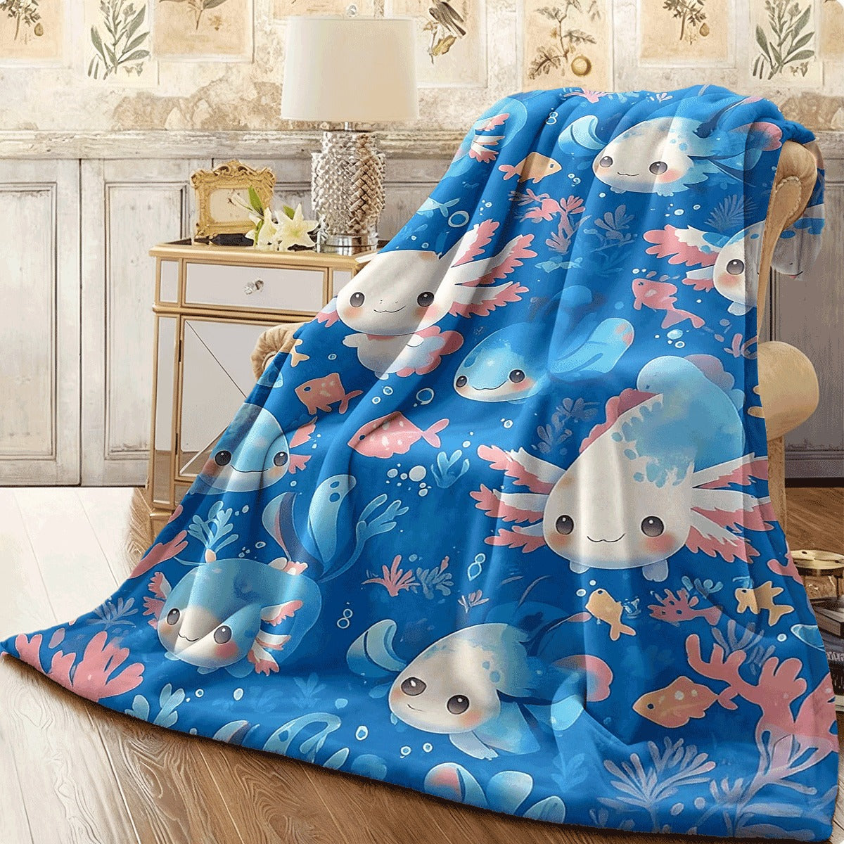 One Cute Axolotl-Themed Flannel Blanket in Blue, Featuring Adorable Axolotls And Coral. This Soft Throw Is Made from Cozy Fabric Suitable for Any Season, Ideal for Animal Enthusiasts