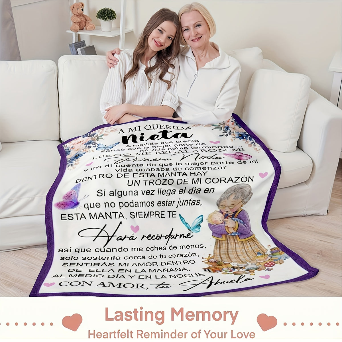 1pc of Butterfly Floral Design Spanish Letter Throw Blanket, a Gift Blanket for My Granddaughter from Grandma, Soft And Cozy Flannel Blankets, Lightweight Fuzzy Print Blanket Suitable for Couch, Sofa, Bed, Office, Travel, Camping Chair