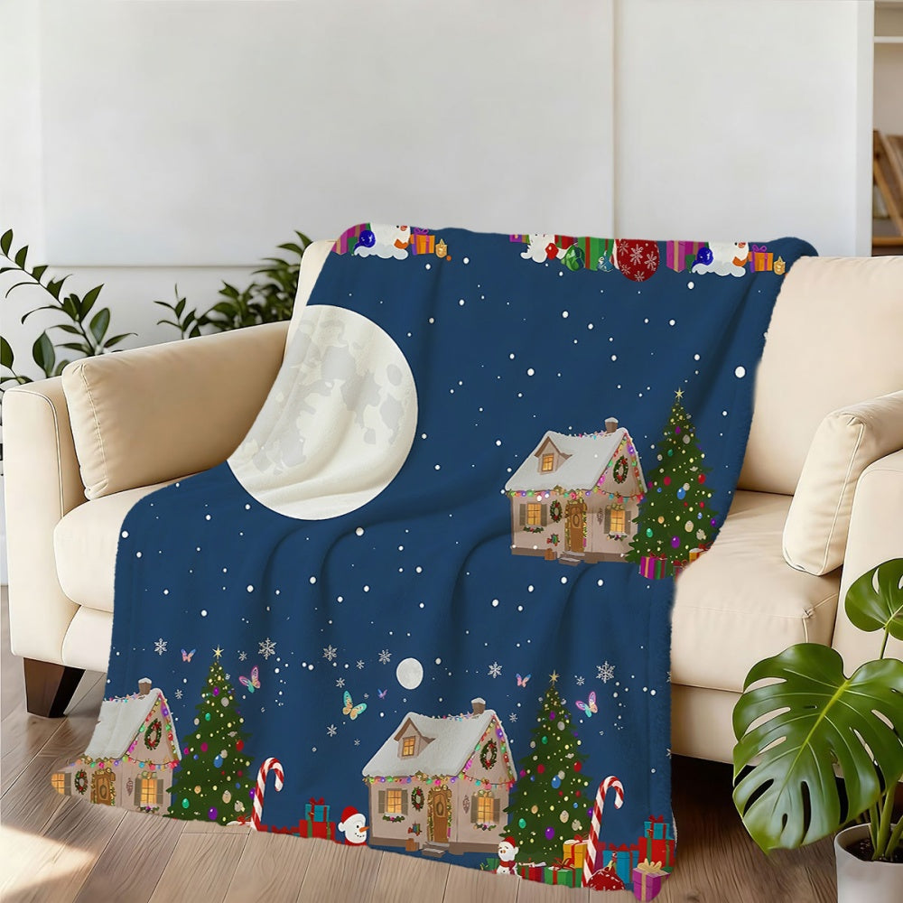 1pc Christmas Night Scenery Snow House Moon Flannel Blanket, Soft Comfortable Warm, Dark Blue Design, All-Season Blanket, Warm Cover, Multiple Sizes Available, Suitable for Living Room Sofa, Bedroom, Reading Corner, Holiday Decor