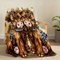 1pc Ultra-Clear Scottish Highland Cow Couple's Full-Print Flannel Blanket, Brown Long Curly Hair with Plaid Bow, Cute and Soothing Decorative Throw Blanket for Bedroom and Sofa