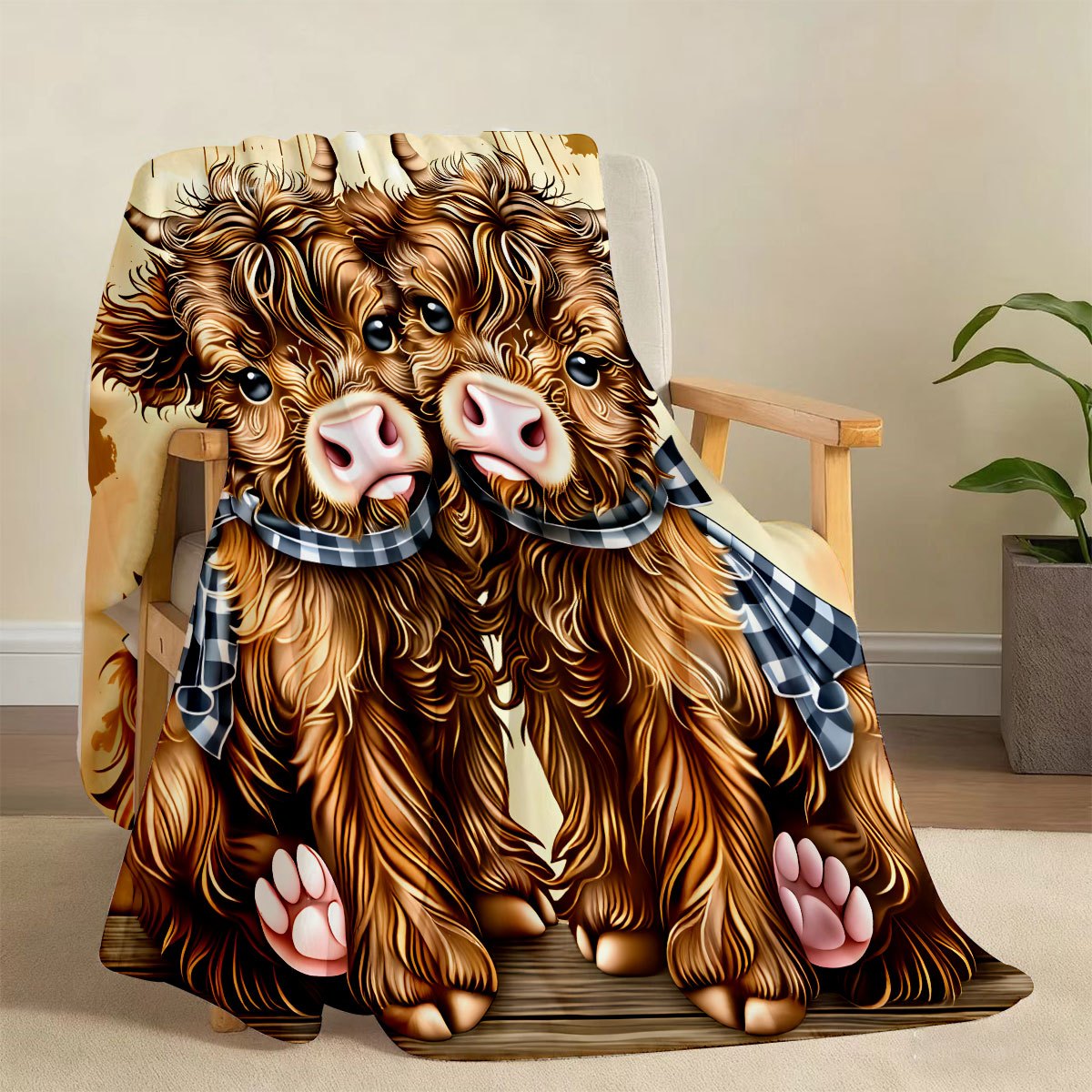 1pc Ultra-Clear Scottish Highland Cow Couple's Full-Print Flannel Blanket, Brown Long Curly Hair with Plaid Bow, Cute and Soothing Decorative Throw Blanket for Bedroom and Sofa