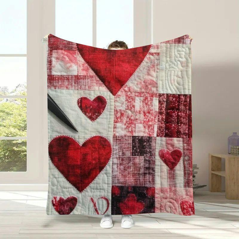 Vintage Style Valentine'S Day Flannel Shawl Blanket | Soft and Warm, Reversible, Plaid Heart Pattern, Suitable for Sofa,, Car, Office, Camping - All-Season Gift
