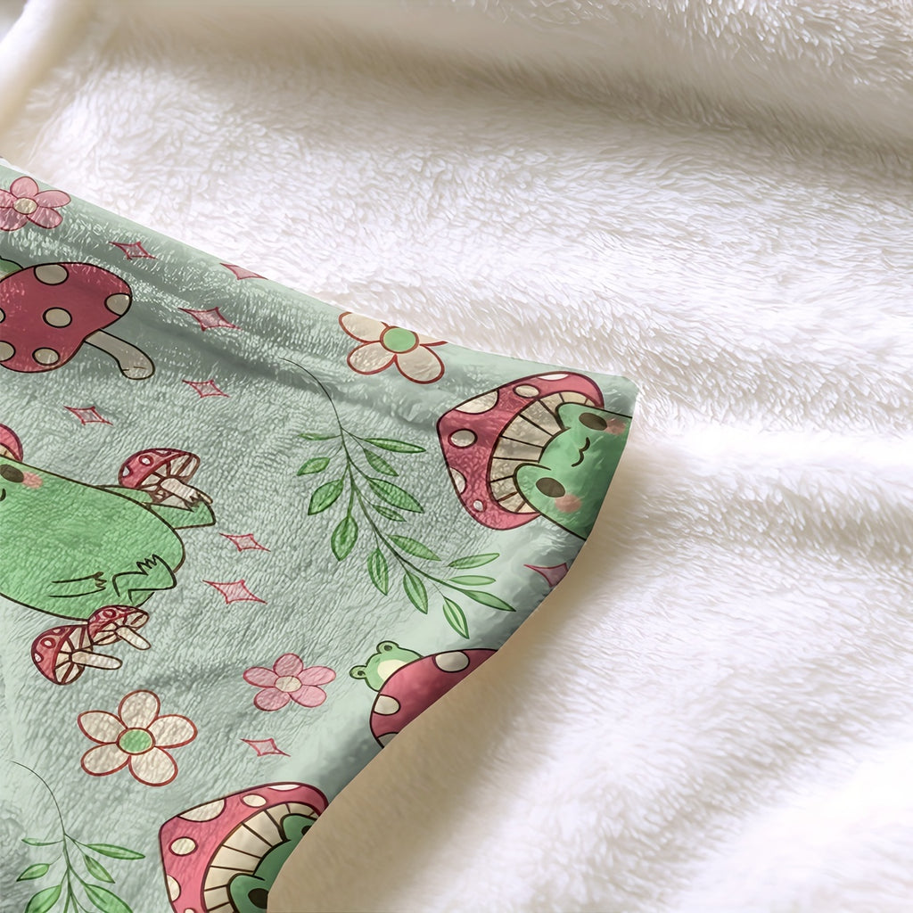 Soft & Cozy Frog & Mushroom Print Flannel Blanket Suitable for Naps, Office, Travel - Cute Frog & Mushroom, Soft Flannel, Compact Portable Cover, Ideal Gift for &