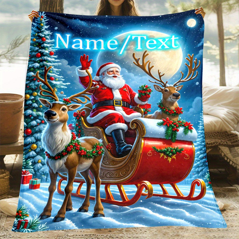 1pc 2D Flat Print Santa Claus Driving a Reindeer Sleigh Patterned Blanket - Soft and Comfortable, with Blue and Red as the Main Colors, in a Festive Decorative Style, Available in Multiple Sizes, Suitable for Bedrooms, Living Rooms, Sofas