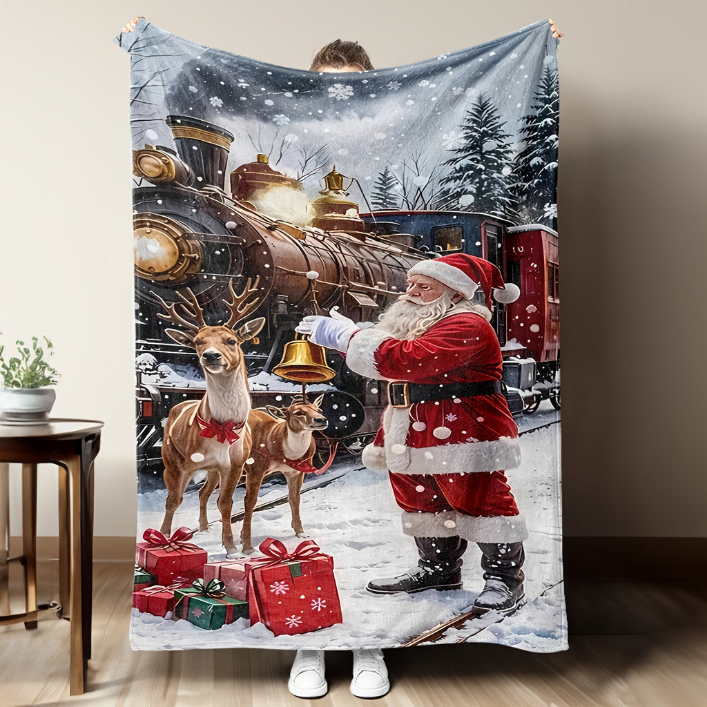1pc Cozy Christmas Santa & Reindeer Train Flannel Throw Blanket - Soft Warm All-Season, Anti-Tear Machine Washable Sofa Cover, Traditional Holiday Train with Santa, Reindeer & Locomotive, Suitable for, Couch, Office - Care