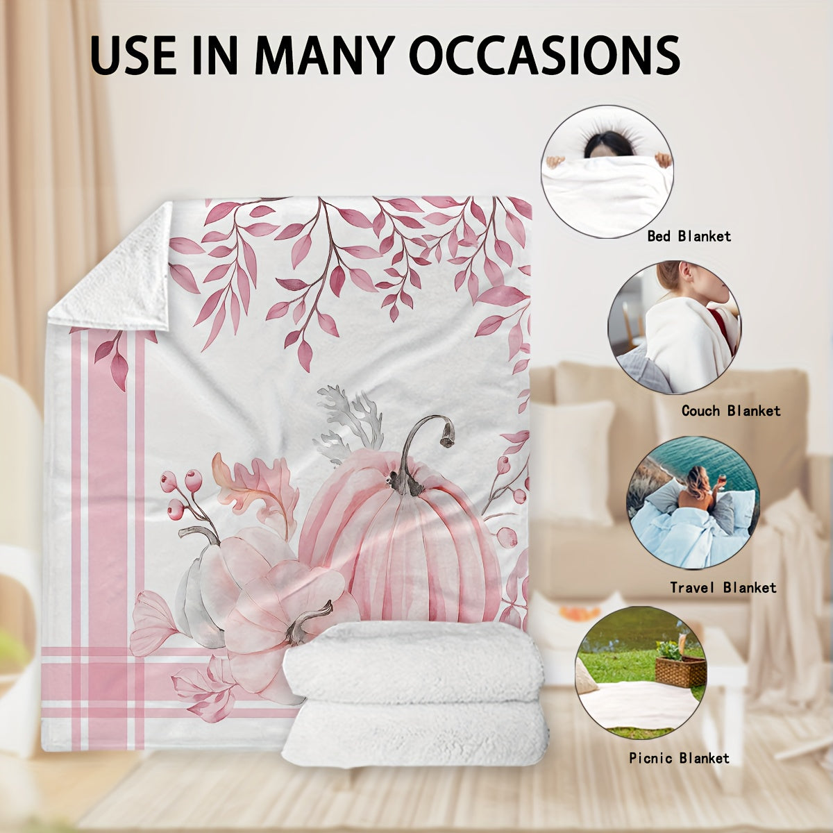 1pc, Autumn Pumpkin And Maple Leaf Pattern Flannel Blanket, Soft Comfortable Warm, Pink And White Design, Durable Plush, All-Season Bed Blanket, Warm Cover, Multiple Sizes Available, Suitable for Living Room Sofa, Bedroom Bed, Reading Corner