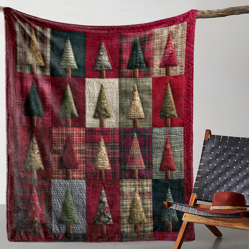 Christmas Tree Patchwork Theme Digital Printed Flannel Blanket - 100% Fiber, Suitable for Light and Warm Adaptation in All Seasons, Shop, Sofa and Other Scenes, Presenting Festive Style, Conveying Christmas Atmosphere