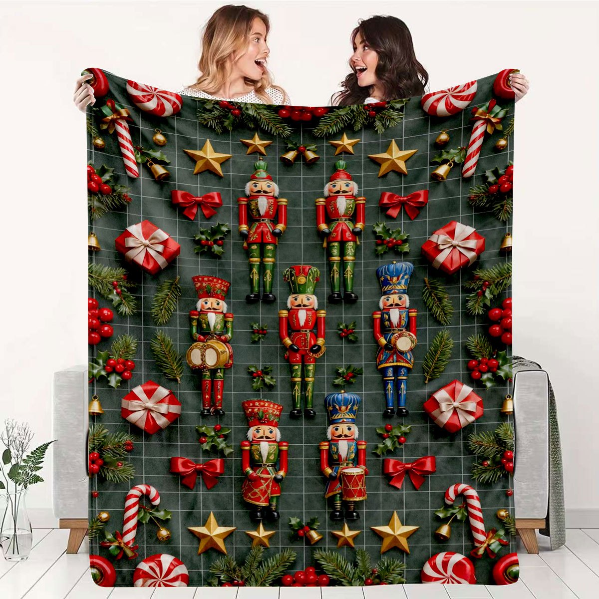 Christmas Nutcracker and Holiday Gift Themed Green Flannel Blanket, Soft, Comfortable, and Warm, Red and Golden Decorative Style Design, Durable Plush Surface, All-Season Universal Bed Blanket, Warm Throw Blanket, Multiple Sizes Available