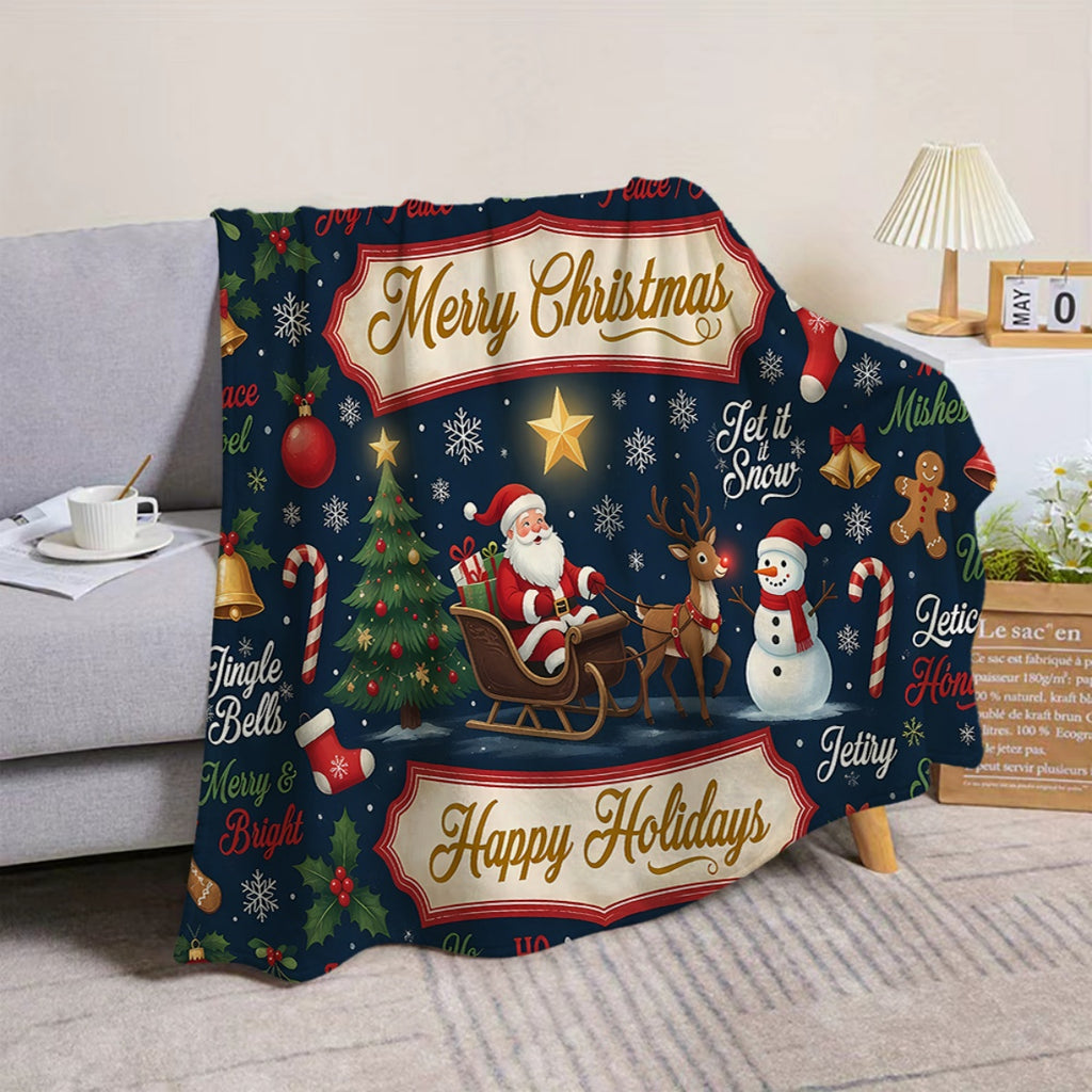 1pc, Santa Claus Sleigh and Reindeer Themed Dark Blue Flannel Blanket, Soft, Comfortable, and Warm, Festive Design, Durable Plush Surface, All-Season Universal Sofa Blanket, Warm Throw Blanket, Multiple Sizes Available, Suitable for Living Room