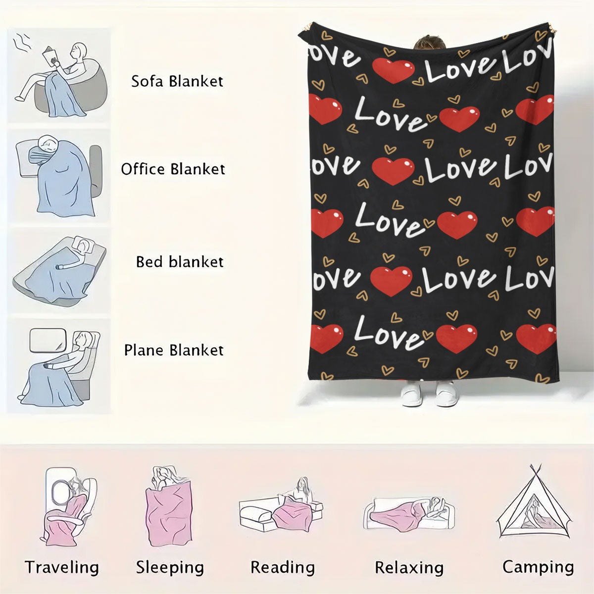 1pc Love Print Flannel Blanket | Soft Warm All-Season Quilted Throw with Red Hearts & Love Lettering, Plush Polyester Bedspread for Napping, Camping, Travel, Home Decor - Ideal Valentine'S Day Gift, Cozy Bedding, Romantic Theme