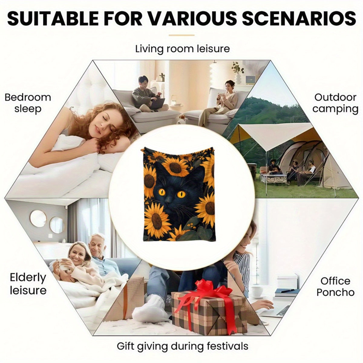 1pc Black Cat & Sunflowers HD Printed Flannel Blanket - All-Season Soft Lightweight Throw for Camping, Travel, Home, Office - Contemporary Anime Design Cozy Gift, Travel Blanket, Vibrant Design, Durable Fabric