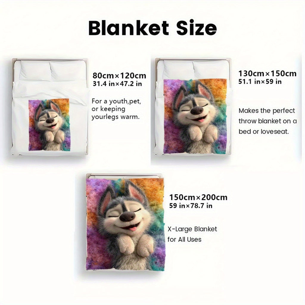 1pc Joyful Husky Print Blanket - Soft Polyester, All-Season Comfort Blanket for Home, Office, Travel, Camping | Vibrant Color Design, Camping Blanket|Playful Dog Design|Polyester Fiber, Husky