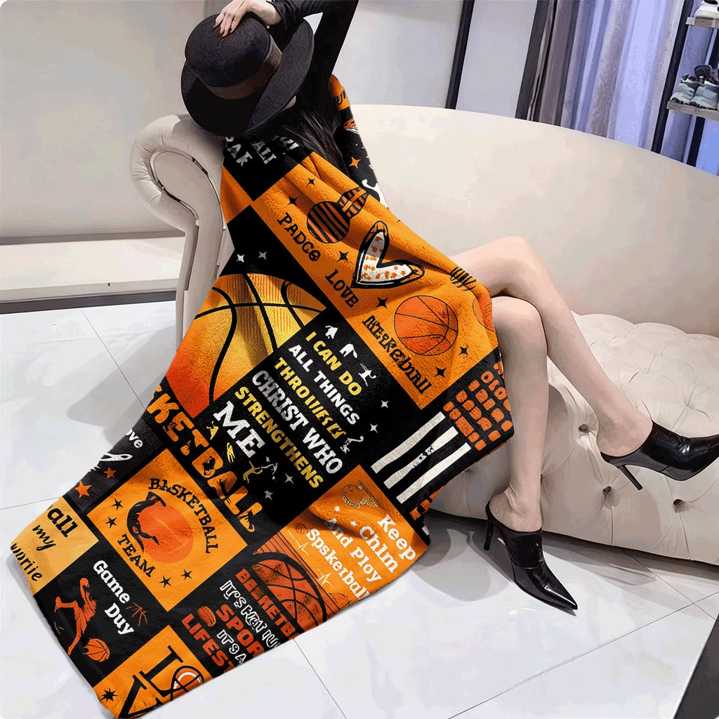 1pc Flannel Blanket Ultra-Soft Orange & Black Throw with Stylish Basketball Theme Prints Cozy Warm Fabric for Sofa Perfect for Basketball Lovers Lightweight Plush Flannel for All-Season Comfort