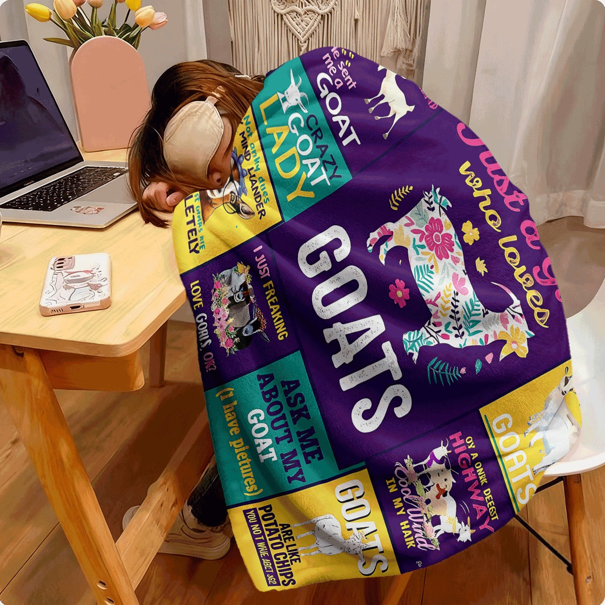 1pc Fun Goat Quote Flannel Blanket Colorful Retro Design with Various Goat Illustrations & Humorous Texts Cozy Soft Throw for Couch Room Decor