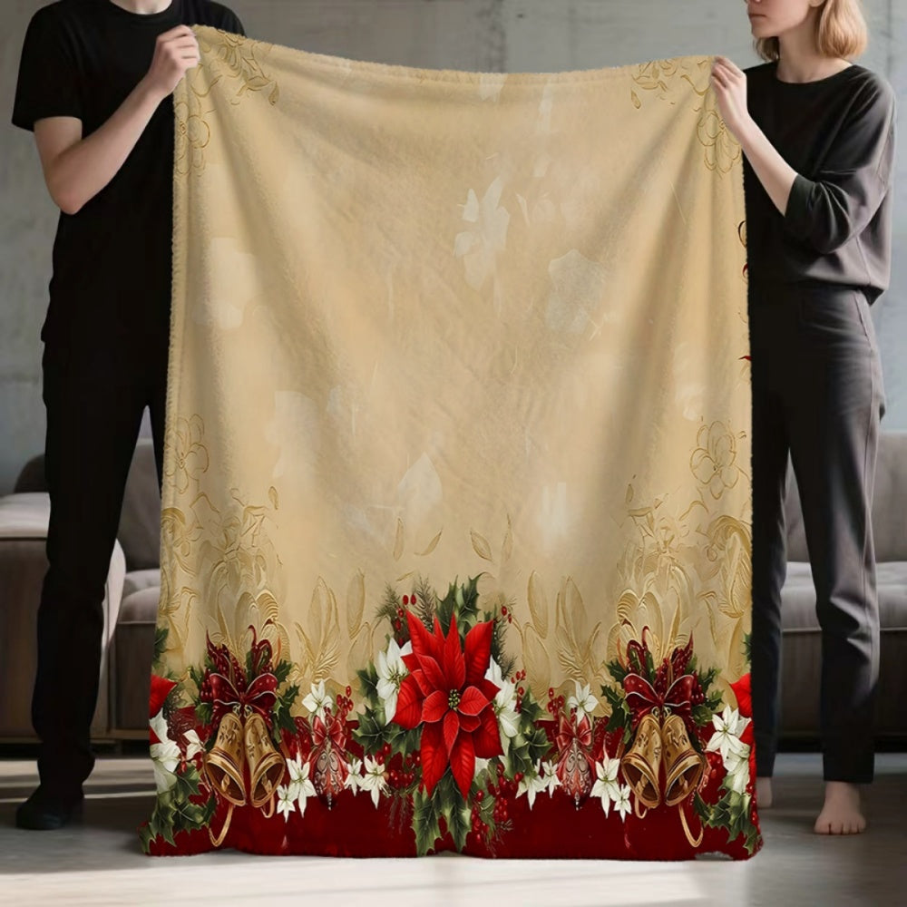 1pc, Christmas Floral Pattern Red And Golden Design Flannel Blanket, Soft Comfortable Warm, All-Season Sofa Blanket, Warm Cover, Suitable for Living Room Sofa, Bedroom, Office Rest Area, Balcony Leisure, And Outdoor Picnics